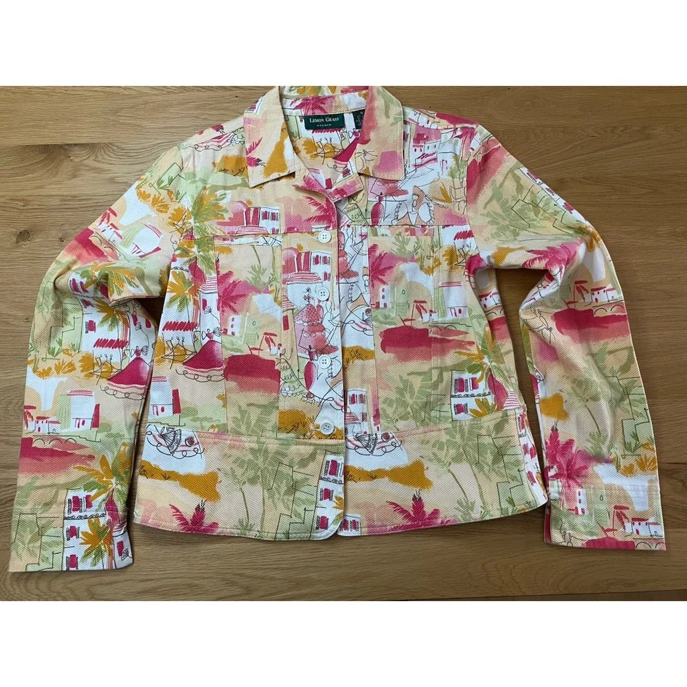 Lemon Grass Studio Women's Denim Style Jacket SZ Lrg Art to Wear Village Print - Picture 3 of 10